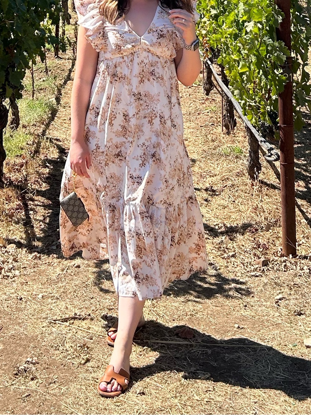 Abercrombie & Fitch Floral Ruffle V-Neck Midi Dress in Cream and Brown - Picture 4 of 4